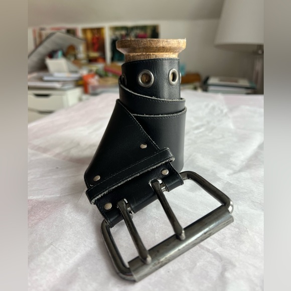 VTG 80s belt 35” black leather double loop silver big buckle waist - Picture 5 of 12